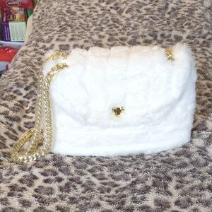 Elegant White Faux Fur Bag with Gold Chain